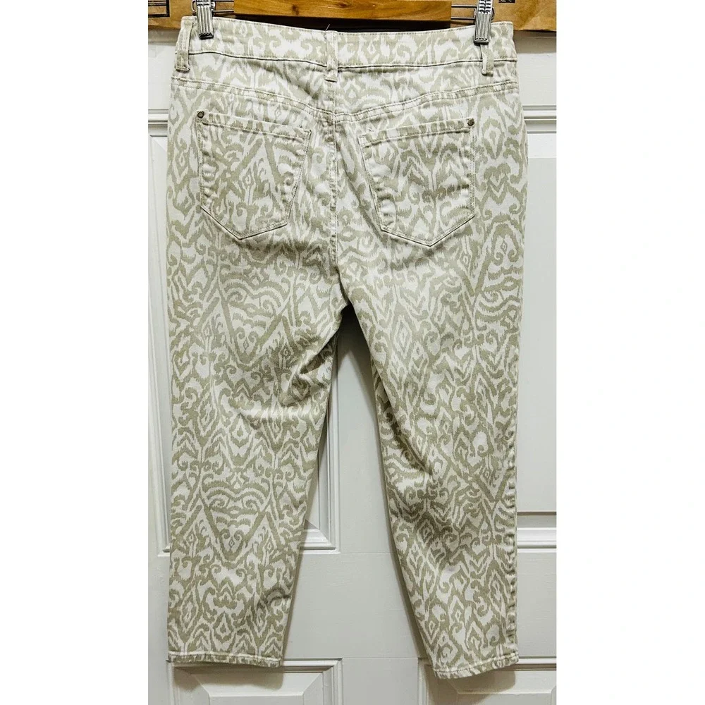 Chicos Platinum‎ Crop Pants 00 Tan White Ikat Pattern Mid Rise Womens 5 Pocket
